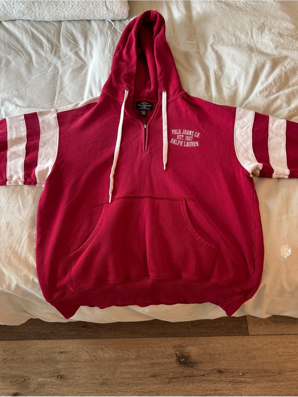 Polo by Ralph Lauren Red Hoodie with White Sleeve Stripes